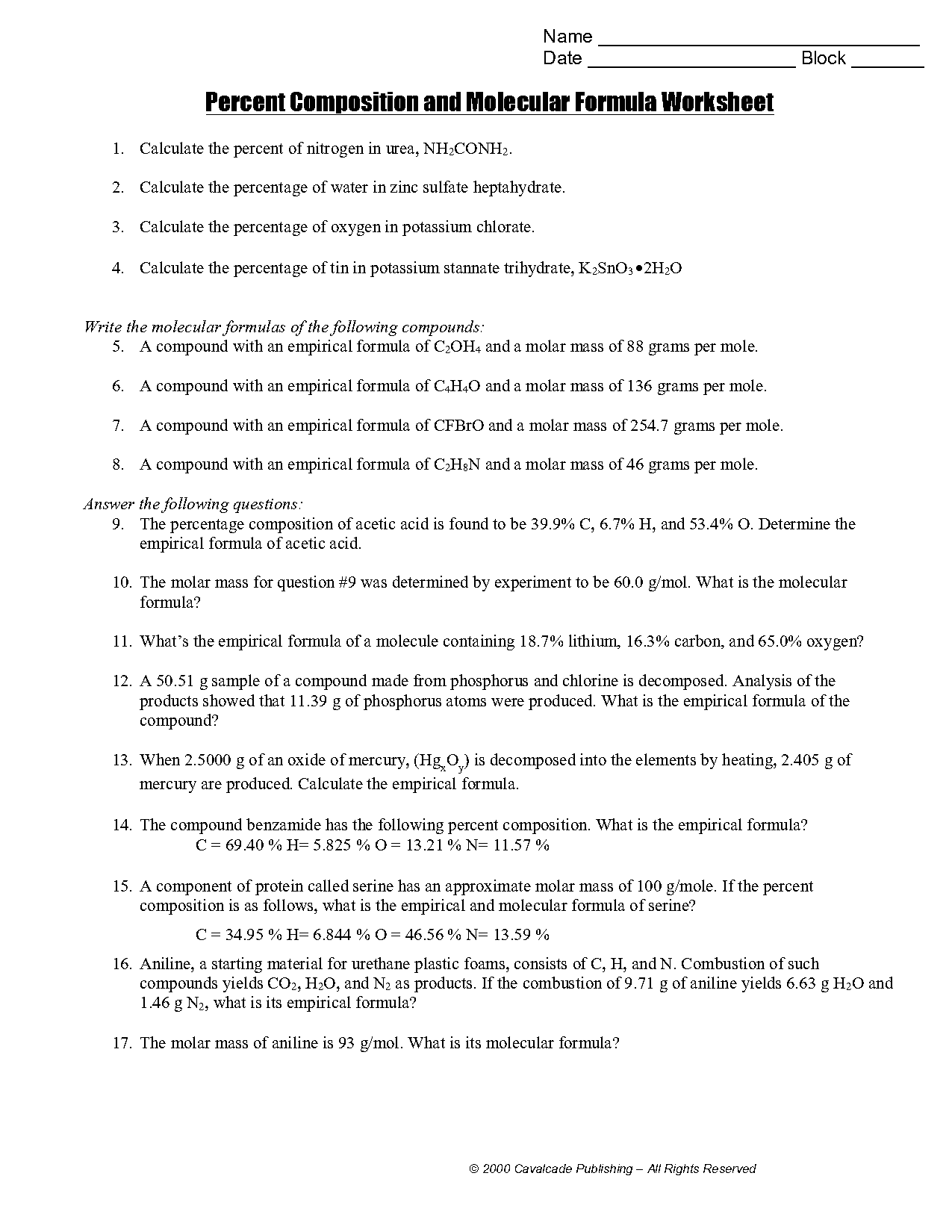 finding empirical formula from percent composition worksheet