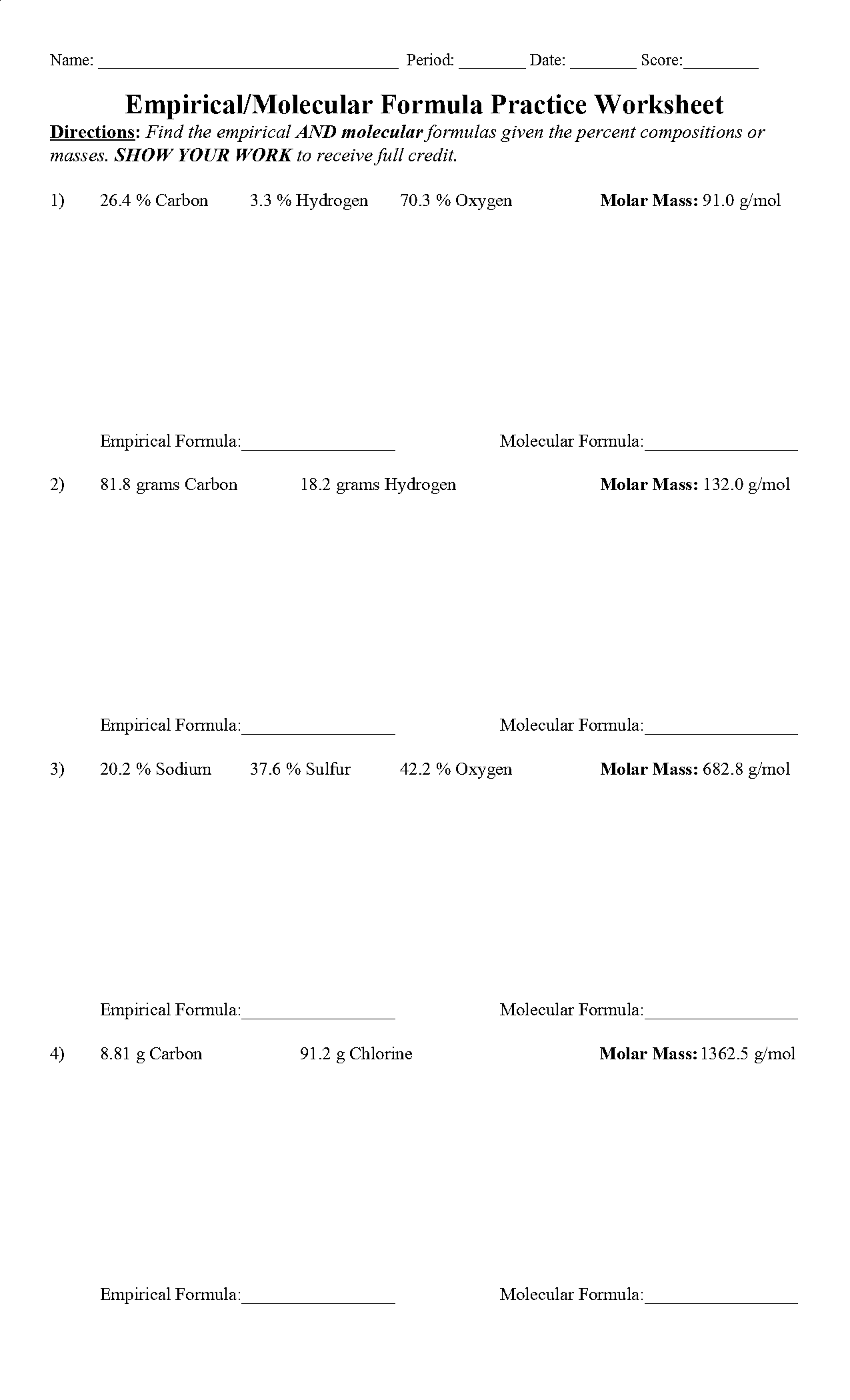 finding empirical formula from percent composition worksheet